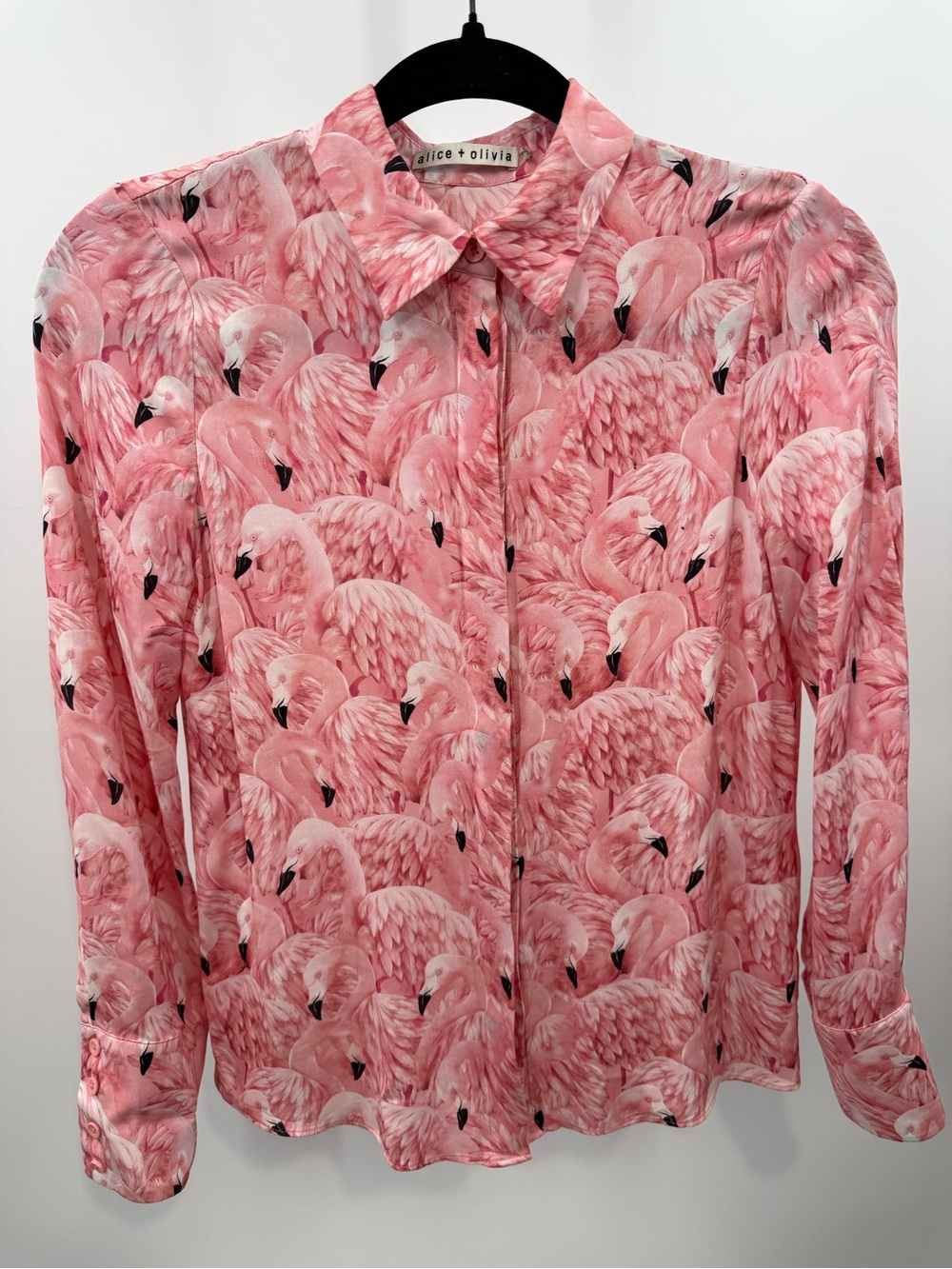 Alice + Olivia Willa Nathan Flamingo Print Pink Blouse Top Shirt Bird Feather XS